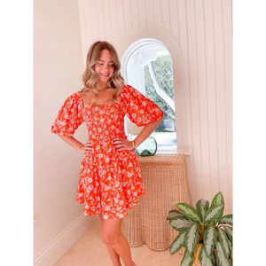 Walker & Wade Addy Orange Floral Smocked Puff Sleeve Pleated Skirt Mini Dress SM
